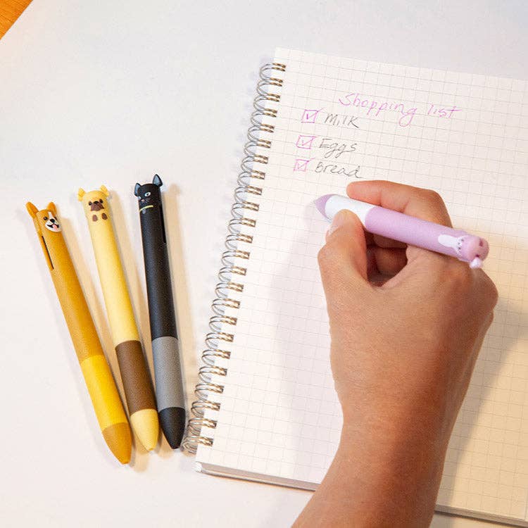 Mellow Monkey dog and cat themed multi-color click pens with animal character toppers on a spiral notebook