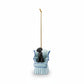Mellow Monkey resin ornament featuring a black dog sitting in a light blue vintage wingback chair with gold cord