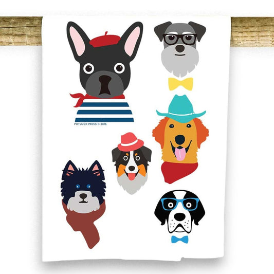 Mellow Monkey 100% cotton tea towel with a fun dog characters print, featuring French Bulldog, Schnauzer, Golden Retriever, and more.