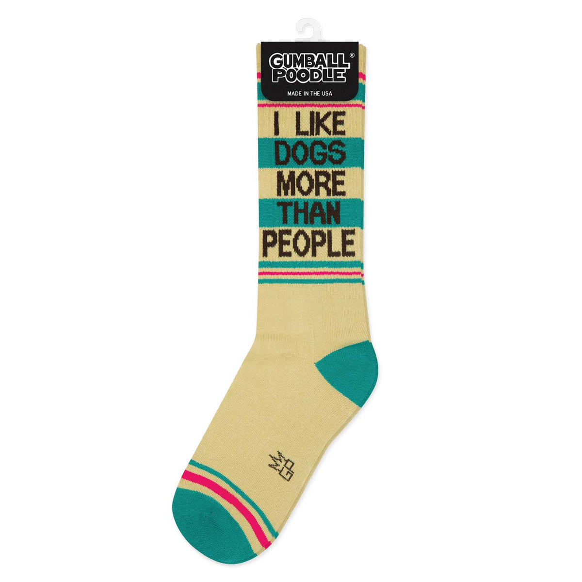 Mellow Monkey crew socks in beige with teal and pink stripes, featuring the text I Like Dogs More Than People.