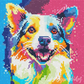 Mellow Monkey Dog Abstract Pop Art diamond painting kit, 10"x10", features a colorful dog portrait with vibrant blues, pinks, yellows, and oranges.
