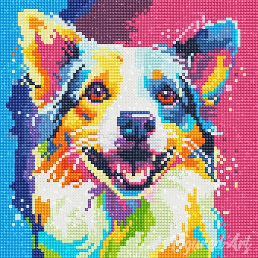 Mellow Monkey Dog Abstract Pop Art diamond painting kit, 10"x10", features a colorful dog portrait with vibrant blues, pinks, yellows, and oranges.