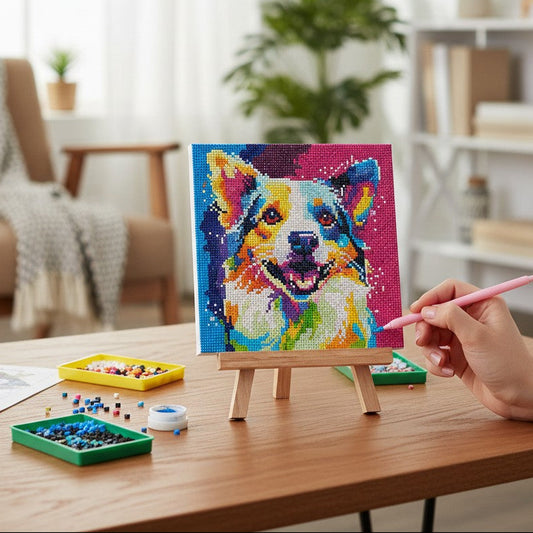 Mellow Monkey Dog Abstract Pop Art diamond painting kit, 10"x10", features a colorful dog portrait on a wooden frame.