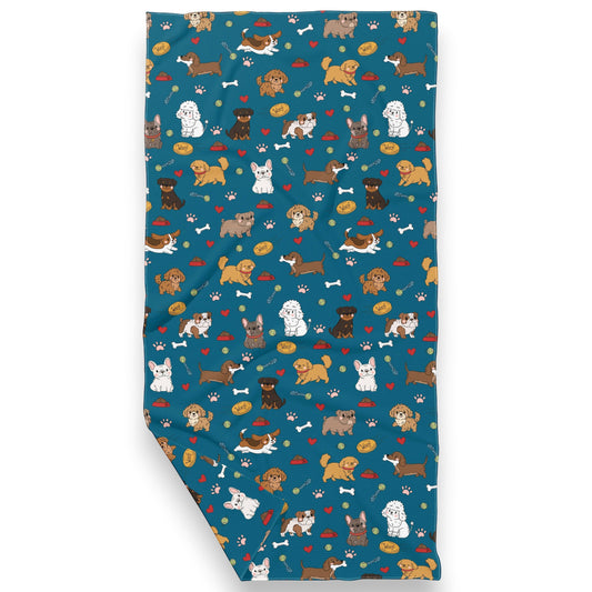 Mellow Monkey All The Dogs double-sided waffle dish towel featuring a pattern of various dog breeds on a teal background.