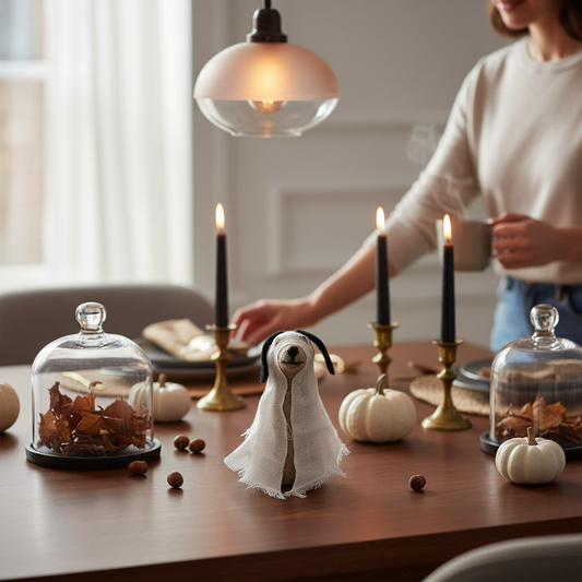 Mellow Monkey 5-inch wool felt dog figure wearing a white ghost costume on a dining table with Halloween decor.