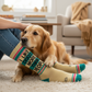 Mellow Monkey crew socks with I Like Dogs More Than People text, worn by a person sitting with a golden retriever.