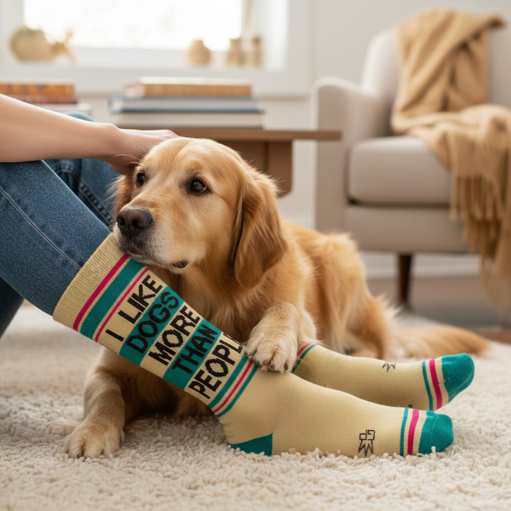 Mellow Monkey crew socks with I Like Dogs More Than People text, worn by a person sitting with a golden retriever.