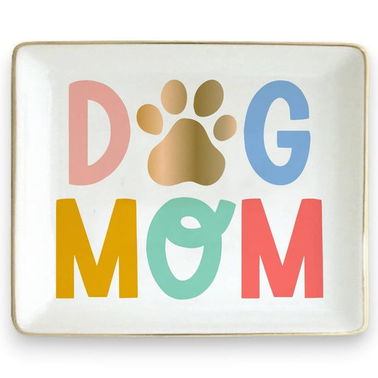 Mellow Monkey Dog Mom trinket tray with colorful letters and a paw print.