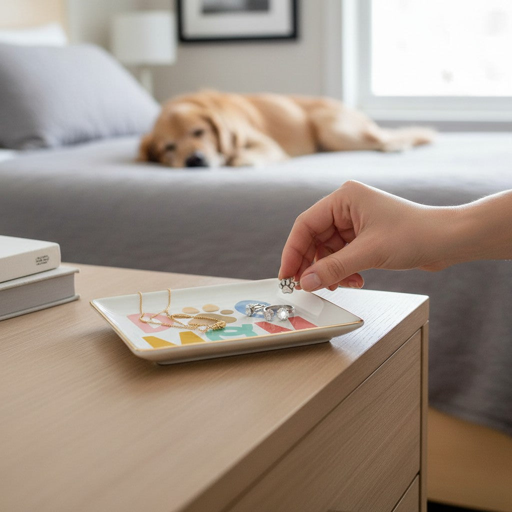 Mellow Monkey square trinket tray with colorful "Dog Mom" text and a gold paw print accent.