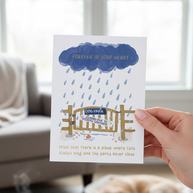 Mellow Monkey Forever in Your Heart sympathy card featuring a dog park illustration with gold foil accents.