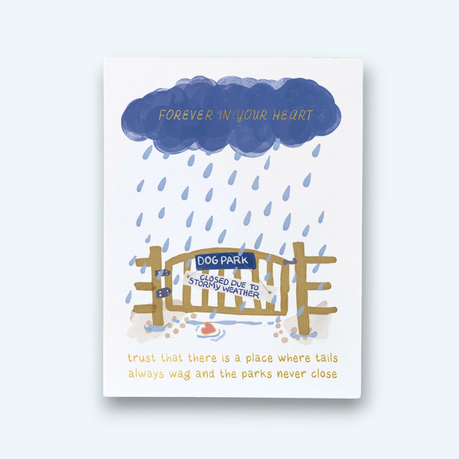 Mellow Monkey Forever in Your Heart dog park sympathy card with gold foil accents and whimsical rainy day illustration