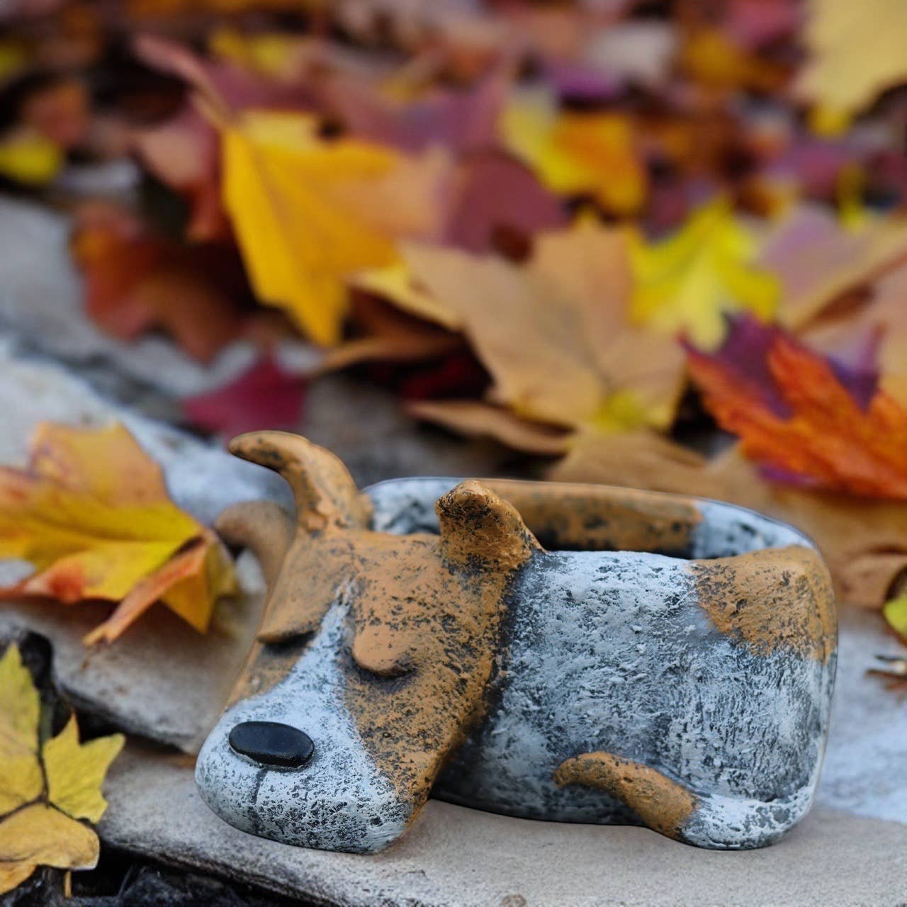 Mellow Monkey Luna Sleeping Dog Blobhouse Planter, handcrafted poly-resin, brown and white with black nose.