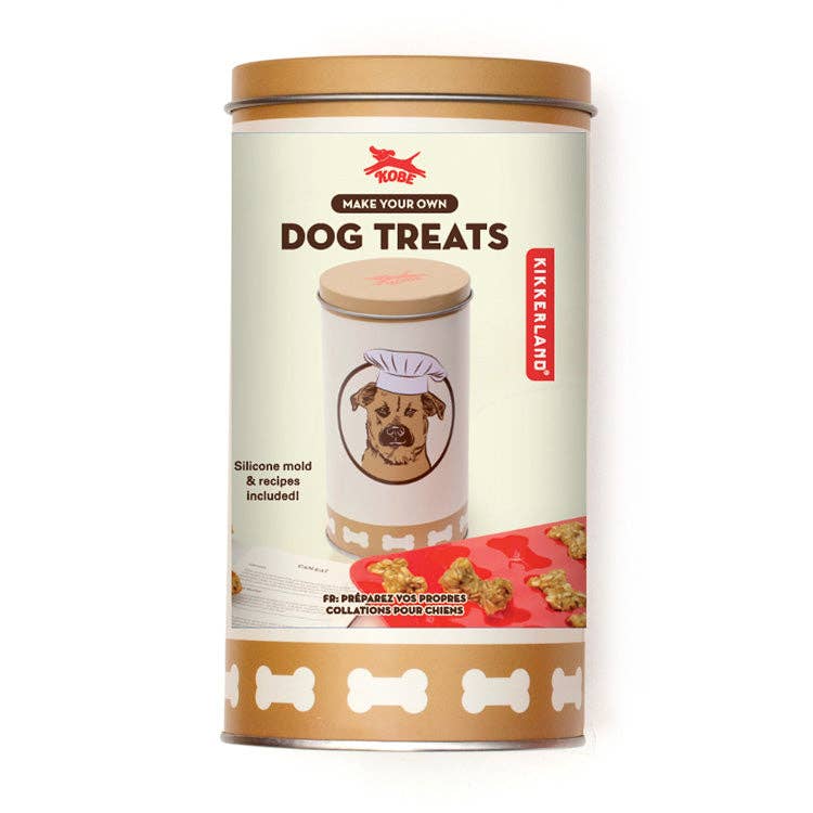 Mellow Monkey Kobe dog treat making kit in a keepsake tin with a silicone mold and recipe book.