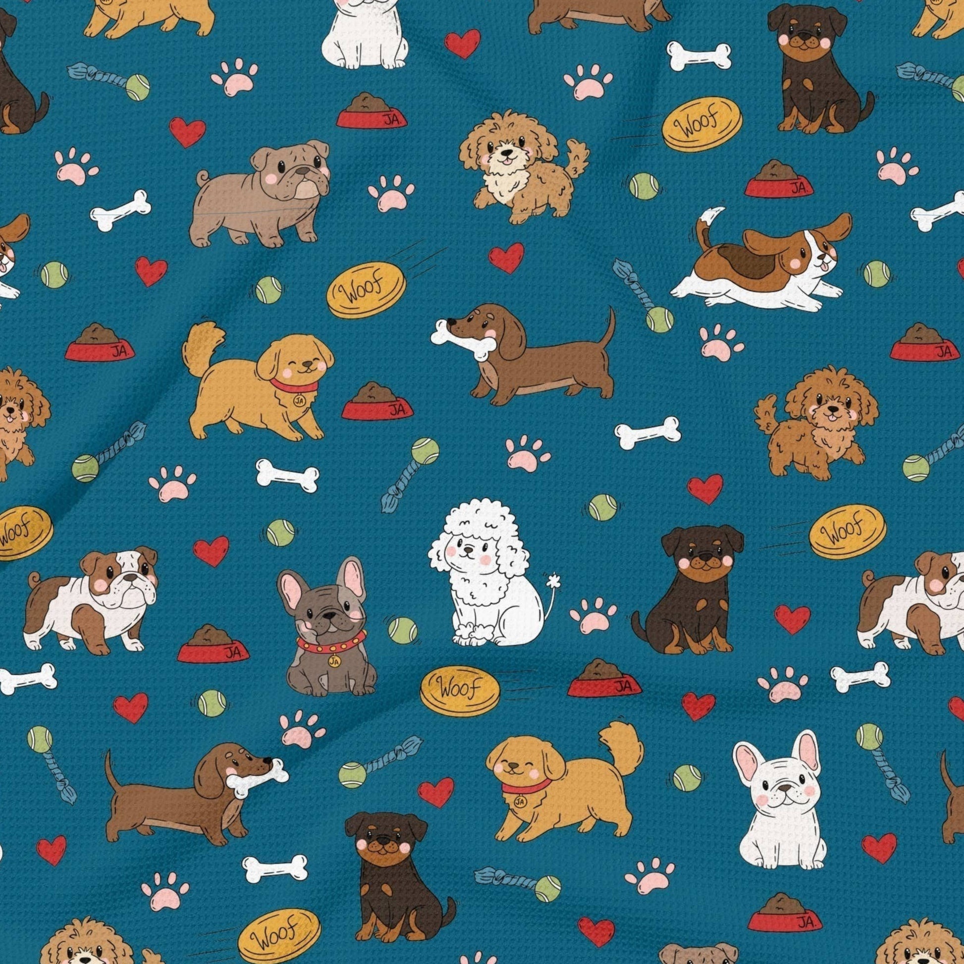 Mellow Monkey All The Dogs double-sided waffle dish towel with a pattern of various dog breeds, bones, and hearts on a teal background.