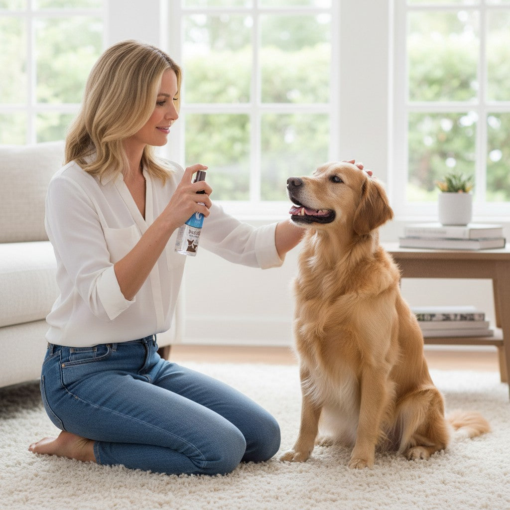 Mellow Monkey Really Good Doggie Deodorizer spray being applied to a golden retriever by a woman in a bright room
