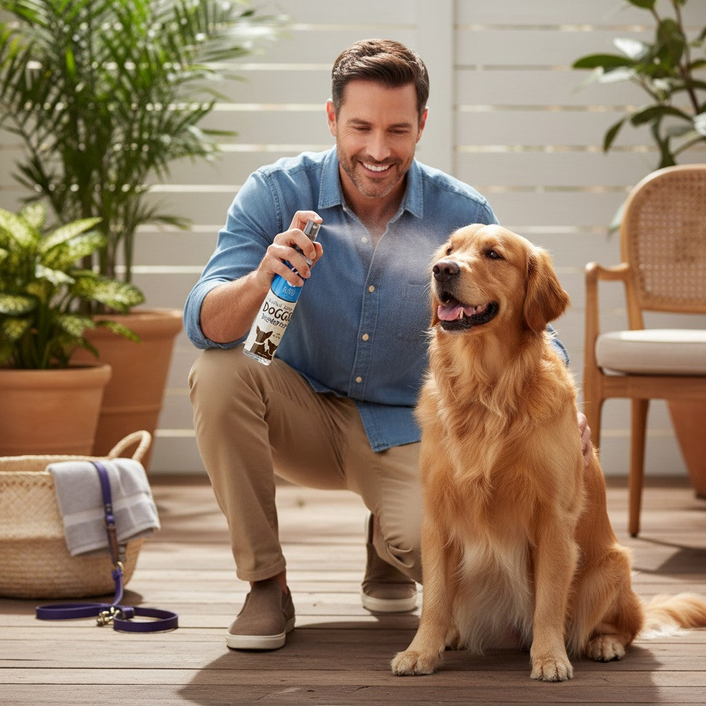 Mellow Monkey Really Good Doggie Deodorizer spray being applied to a golden retriever by a smiling man outdoors