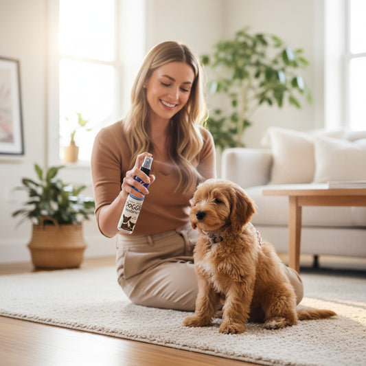 Mellow Monkey Really Good Doggie Deodorizer spray being used by a woman on a cute golden puppy in a bright living room