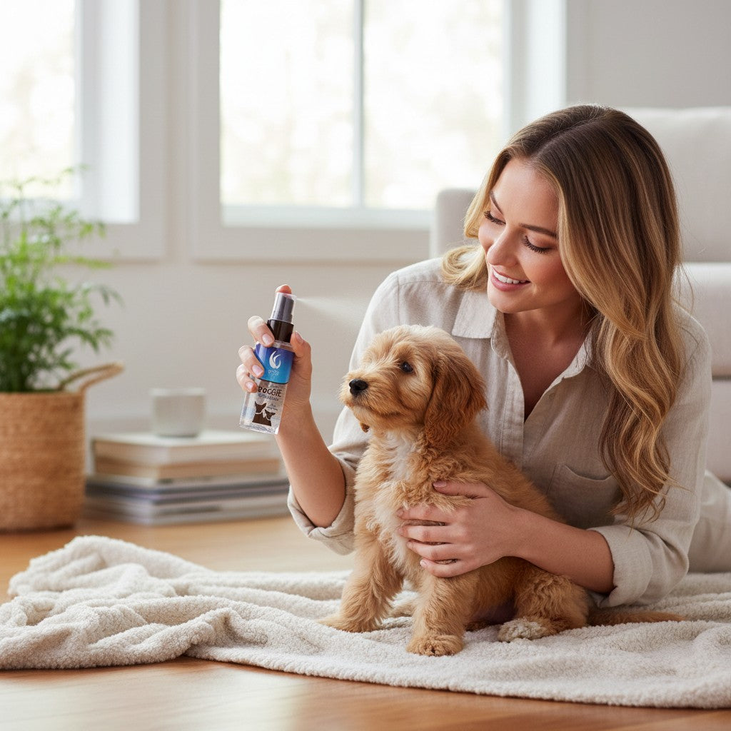 Mellow Monkey Really Good Doggie Deodorizer spray being applied to a fluffy golden puppy by a smiling woman
