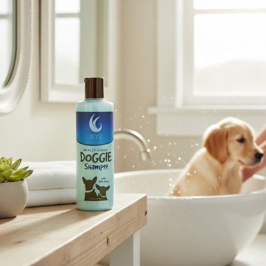 Mellow Monkey Really Good Doggie Shampoo bottle with 10% aloe vera on a bathroom counter near a bathing puppy