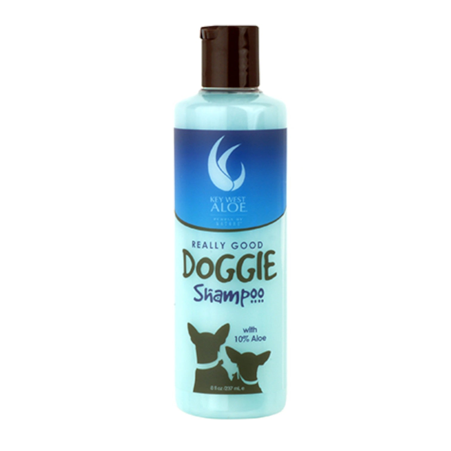 Mellow Monkey Really Good Doggie Shampoo in a light blue bottle with 10% Aloe Vera for sensitive pet skin