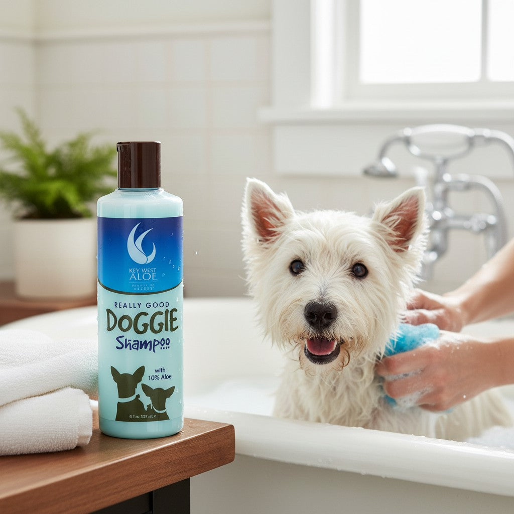 Mellow Monkey Really Good Doggie Shampoo bottle next to a Westie dog being bathed in a white tub