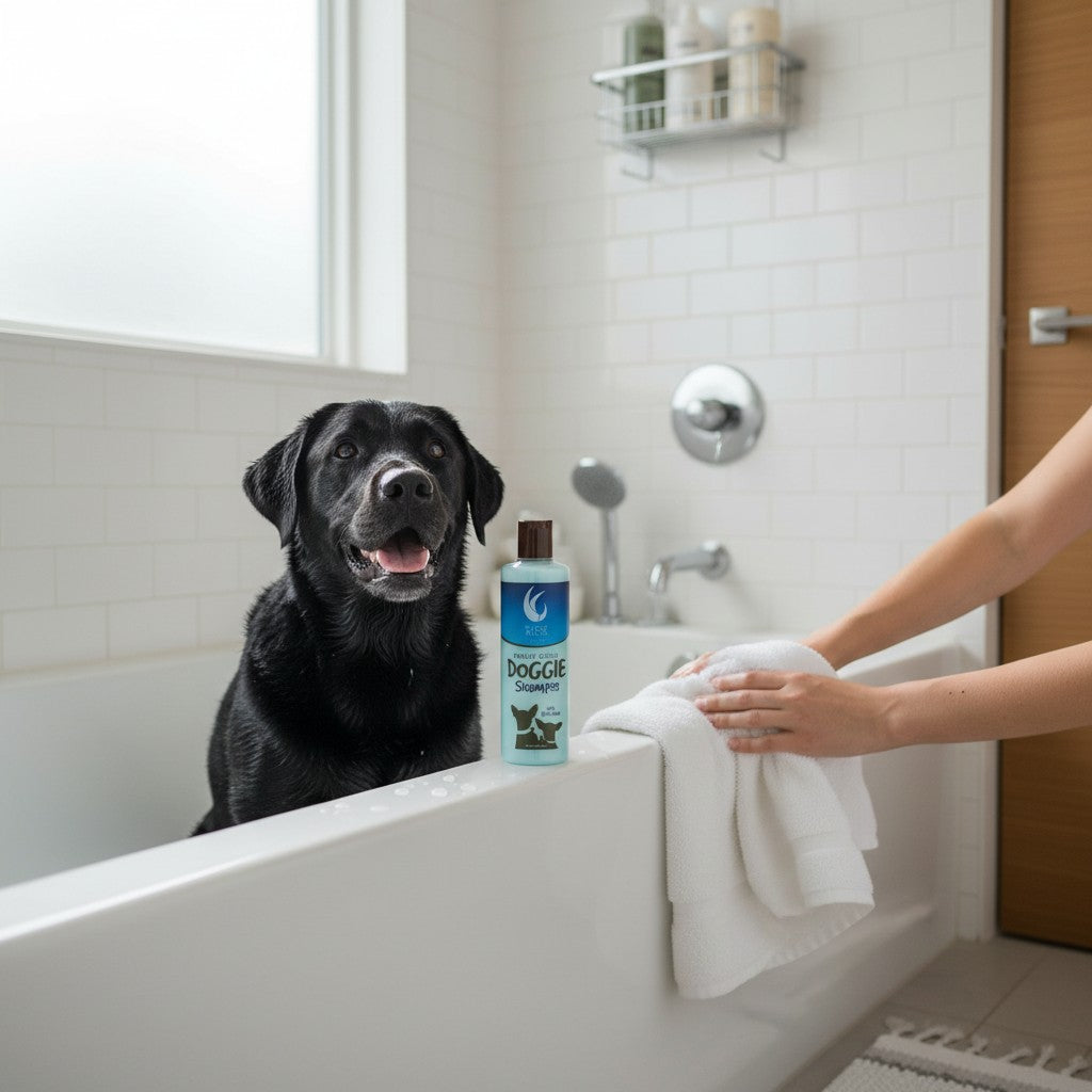 Mellow Monkey Really Good Doggie Shampoo bottle next to a happy black Labrador in a white tiled bathtub
