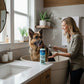 Mellow Monkey Really Good Doggie Shampoo bottle next to a woman bathing a German Shepherd in a bright bathroom.