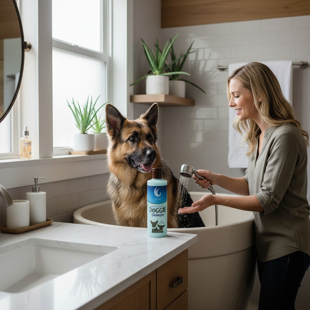 Mellow Monkey Really Good Doggie Shampoo bottle next to a woman bathing a German Shepherd in a bright bathroom.