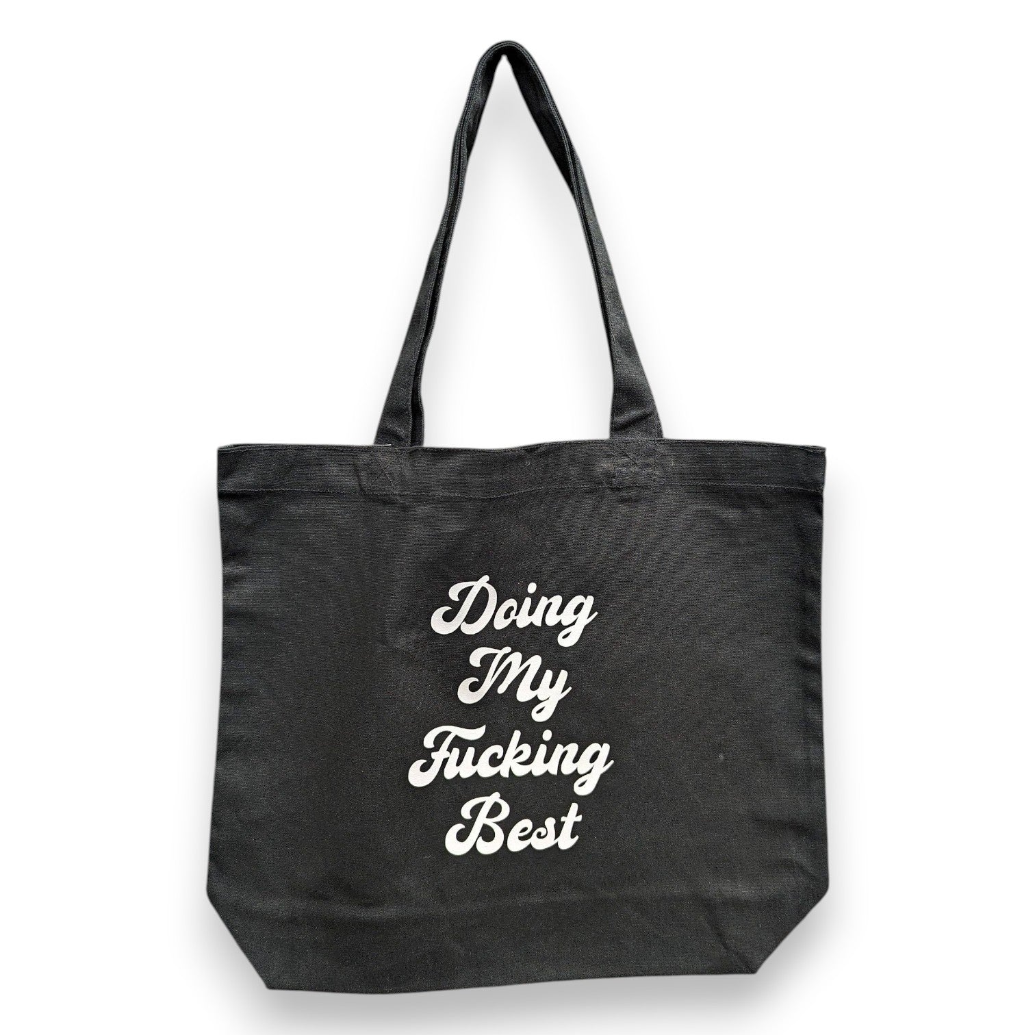 Mellow Monkey black 100% cotton tote bag with white "Doing My Fucking Best" text. Spacious and durable for everyday use.
