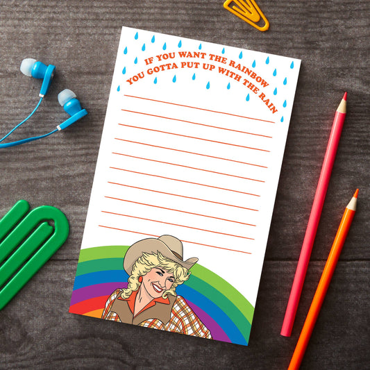 Mellow Monkey Dolly Cowgirl Rainbow notepad with lined paper, featuring a country singer illustration and quote.