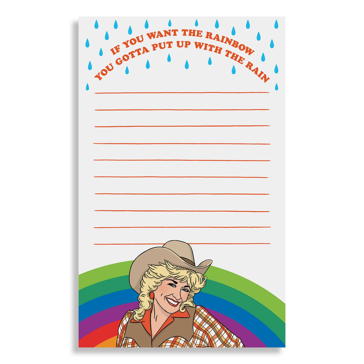 Mellow Monkey Dolly Cowgirl rainbow notepad with lined paper and inspirational quote about rain and rainbows.