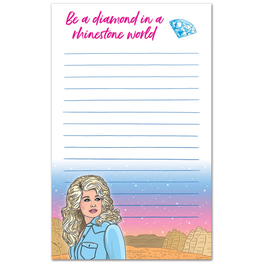 Mellow Monkey 5x8 notepad featuring a Dolly Parton illustration, desert landscape, and Be a diamond in a rhinestone world text.