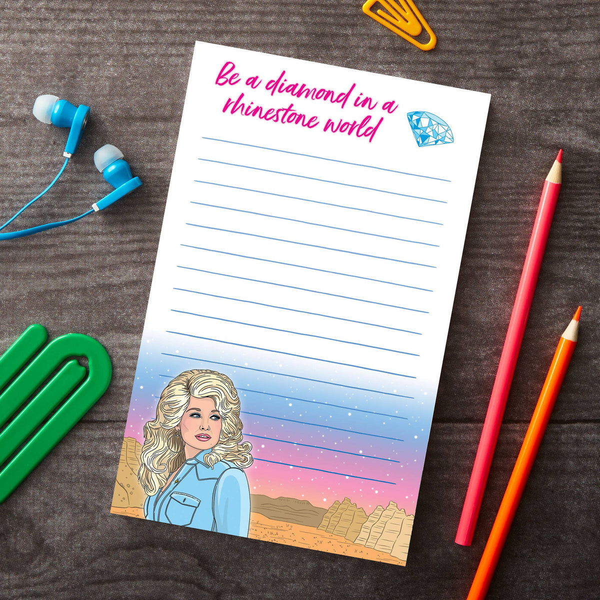 Mellow Monkey Dolly Diamond notepad with lined paper, featuring a Dolly Parton illustration and desert background.