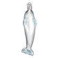 Mellow Monkey Playful Dolphin Old World Christmas blown glass ornament, 5-inch, white with blue glitter accents.