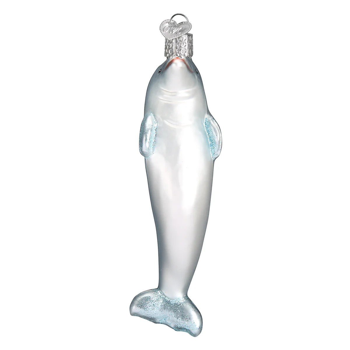 Mellow Monkey Playful Dolphin Old World Christmas blown glass ornament, 5-inch, white with blue glitter accents.