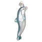 Mellow Monkey playful dolphin blown glass holiday ornament, 5-inch, silver with blue glitter accents.