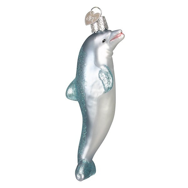 Mellow Monkey playful dolphin blown glass holiday ornament, 5-inch, silver with blue glitter accents.