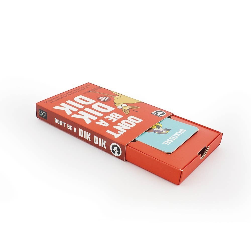 Mellow Monkey Don't Be a Dik Dik adult card game in a red sliding box with a peek-a-boo card showing a Dickissel