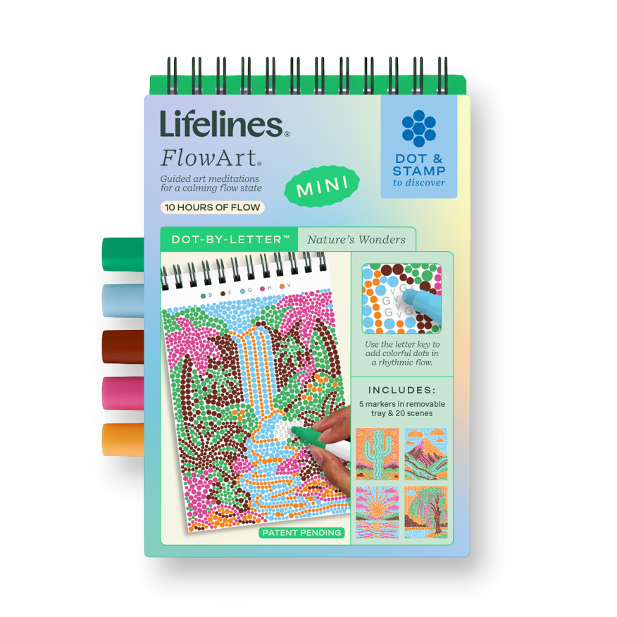 Mellow Monkey Nature's Wonders MINI FlowArt Dot-by-Letter activity pad with markers for meditative dotting art