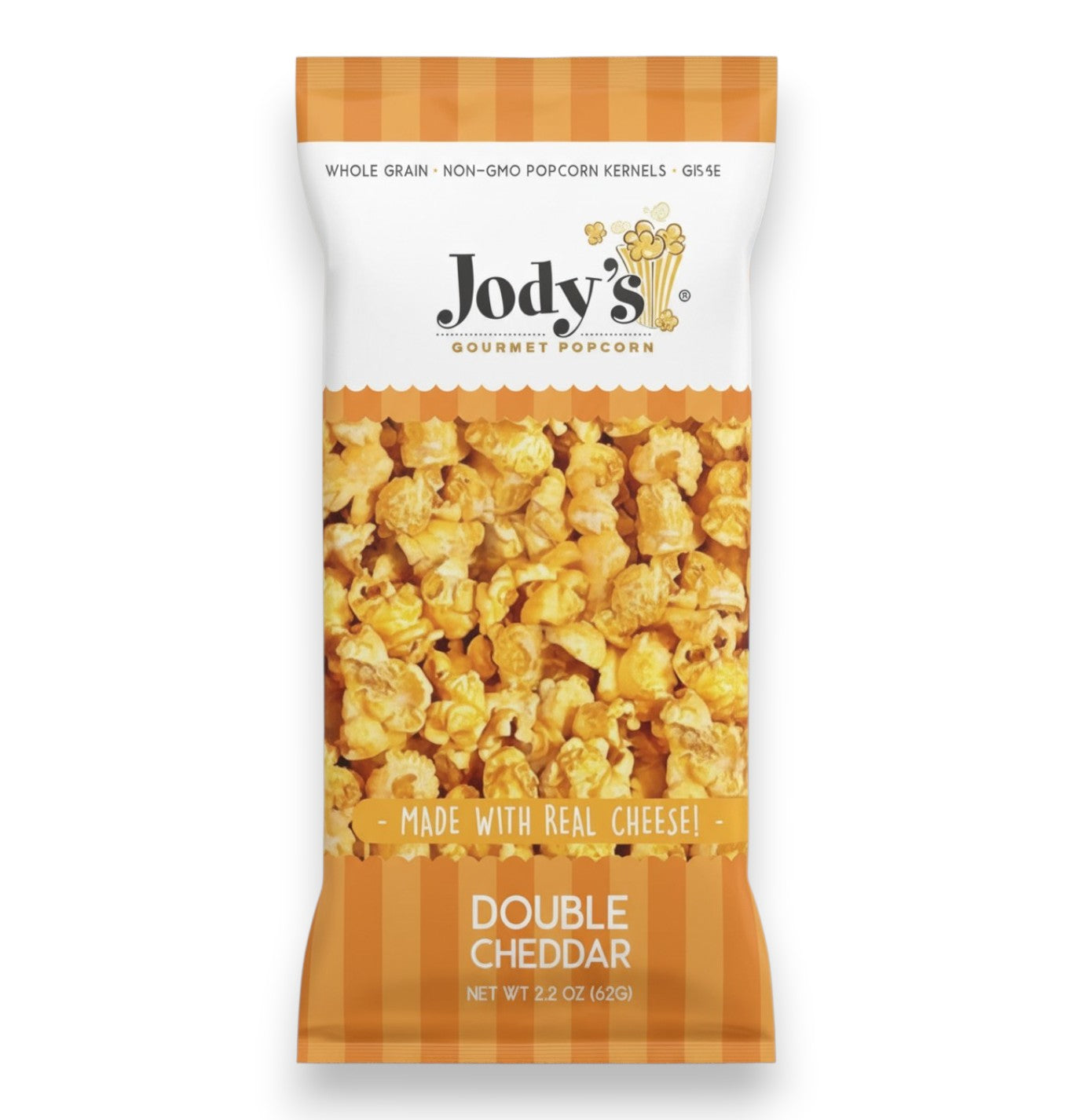 Mellow Monkey Jody's gourmet double cheddar popcorn in a clear bag with yellow and white branding