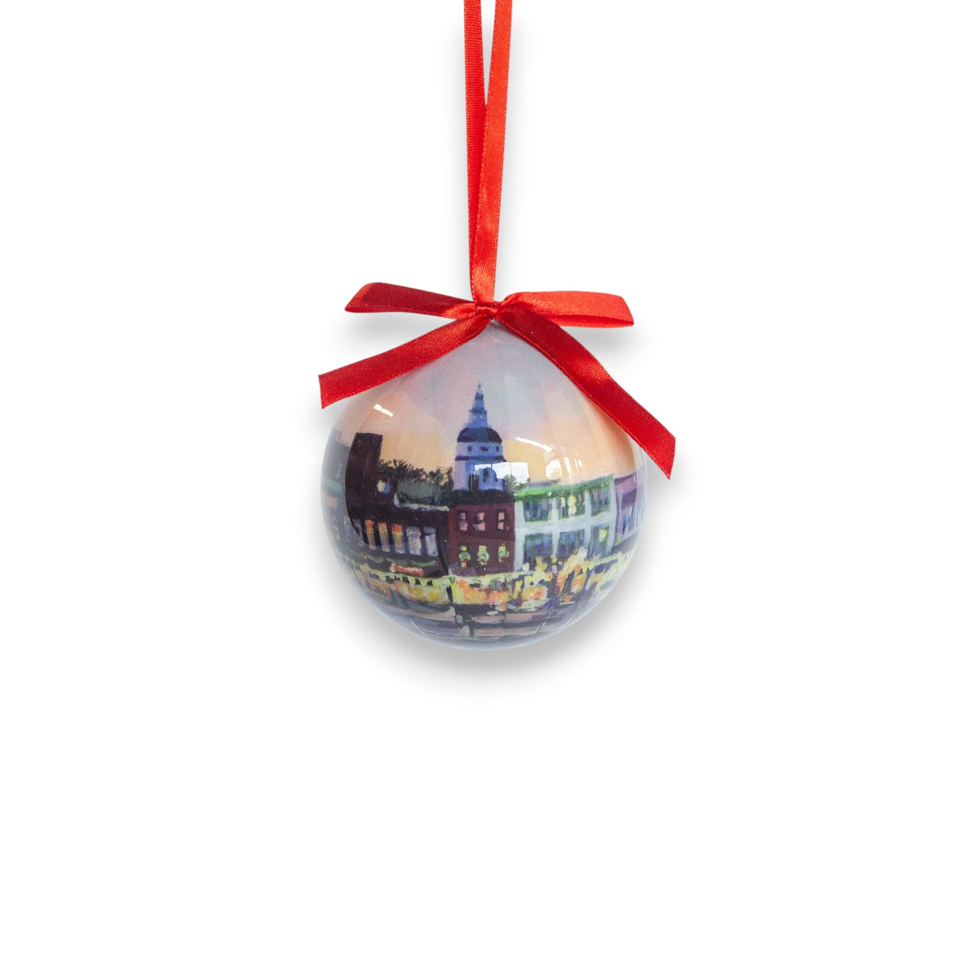 Mellow Monkey decoupage Christmas bauble featuring Kim Hovell Downtown artwork with a red ribbon hanger