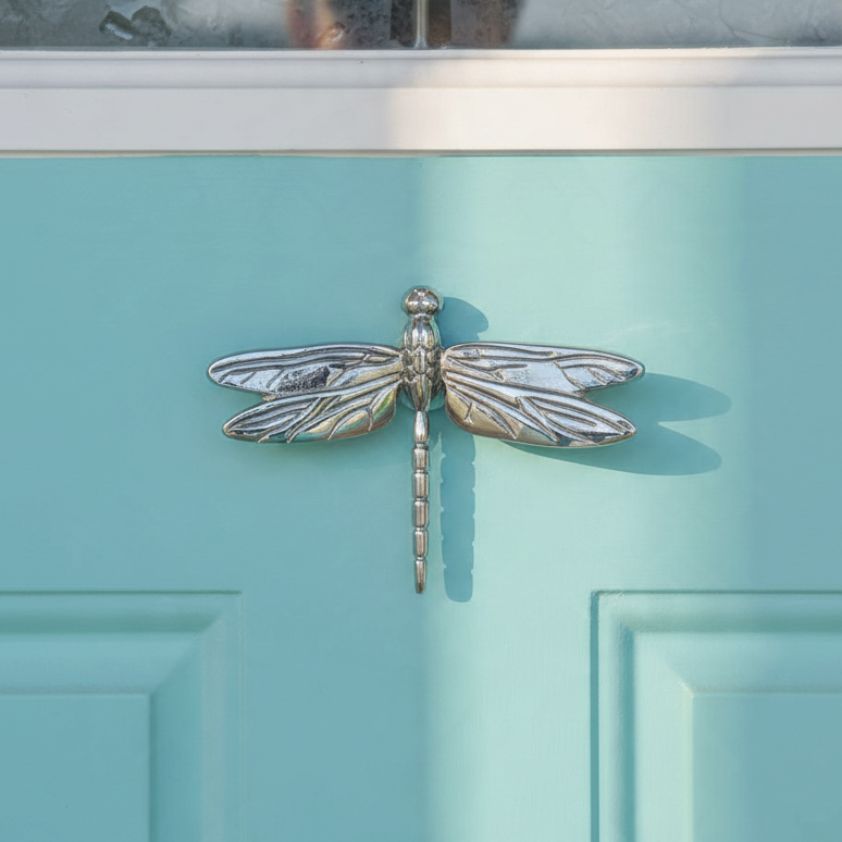 Mellow Monkey nickel silver dragonfly door knocker mounted on a light blue front door