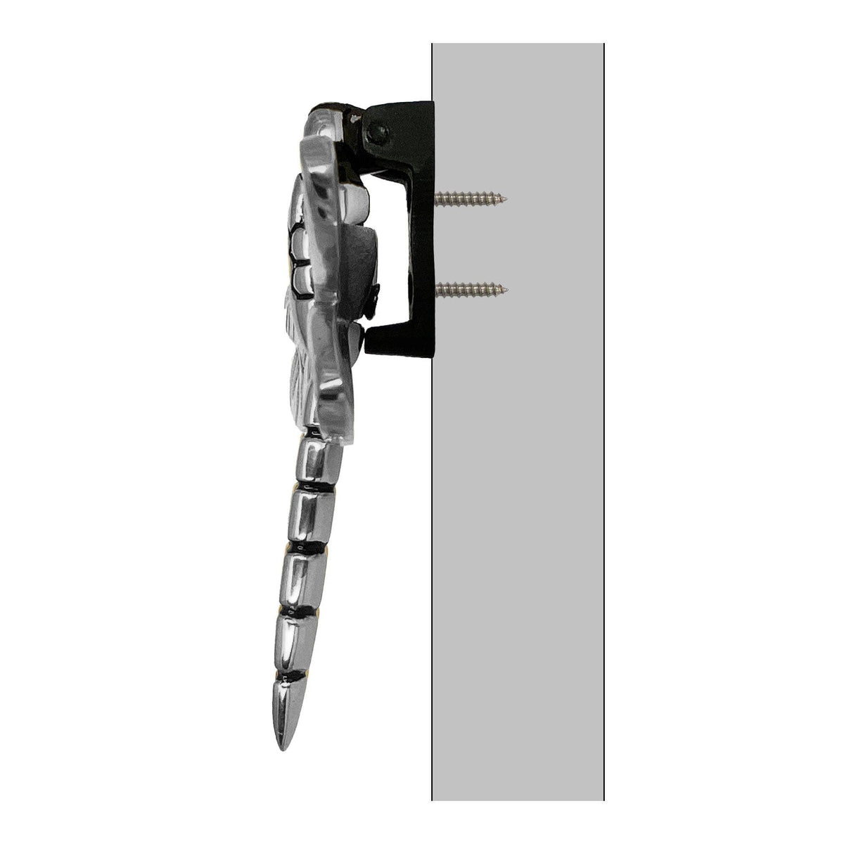 Mellow Monkey nickel silver dragonfly door knocker shown from a side profile view mounted on a door surface.