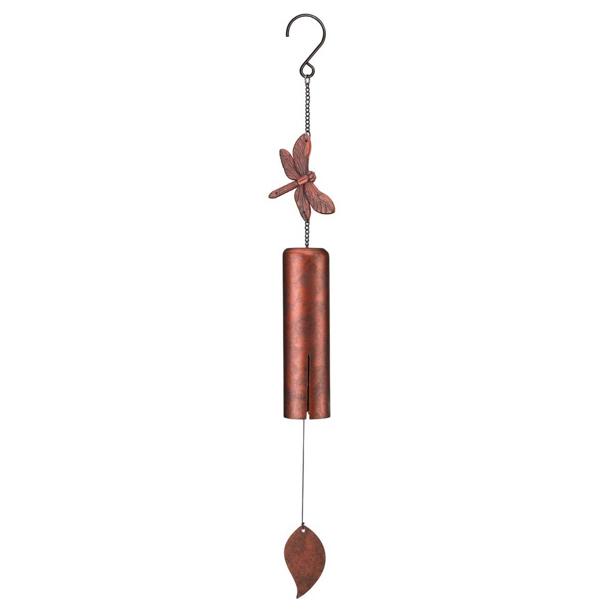 Mellow Monkey dragonfly wind bell with a mellow patina finish and thick steel chamber for outdoor garden decor.