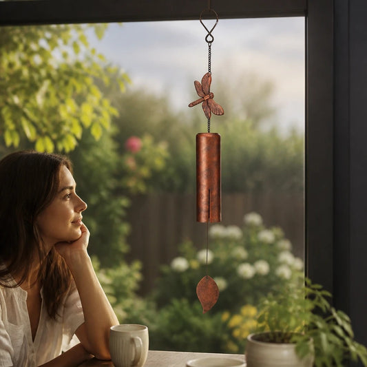 Mellow Monkey dragonfly wind bell with a mellow patina finish hanging by a window with a woman looking outside.