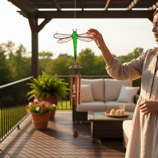 Mellow Monkey 20-inch dragonfly wind chime made of green stained glass and copper, hanging on a sunny outdoor deck.