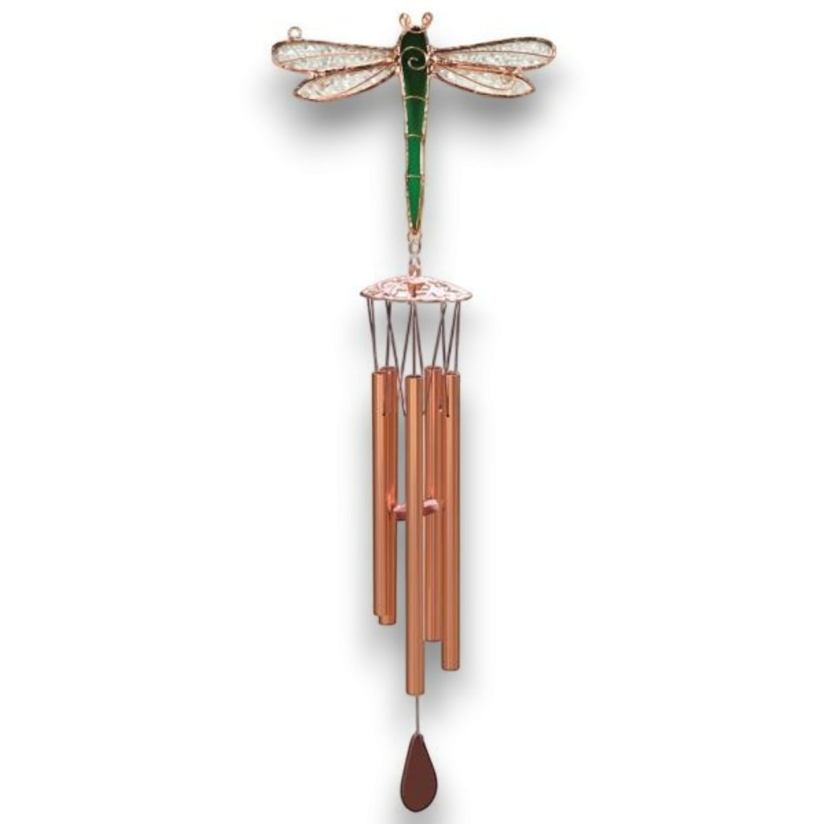 Mellow Monkey 20-inch dragonfly wind chime featuring green and clear stained glass with copper-toned metal chimes.