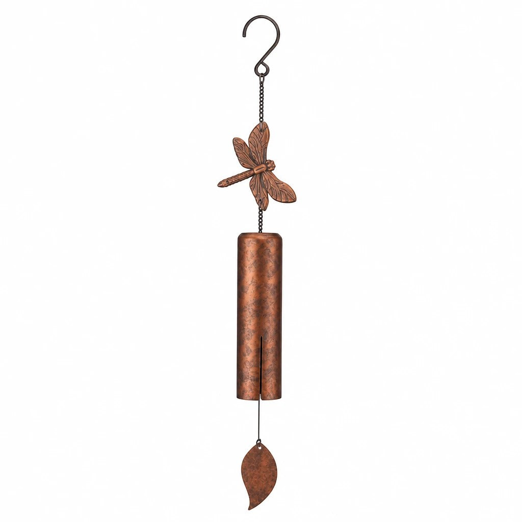 Mellow Monkey dragonfly wind bell with a mellow patina finish on thick steel chambers for garden decor.