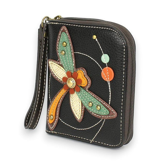 Mellow Monkey black faux leather zip-around wallet with a colorful dragonfly applique and decorative charm.