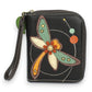 Mellow Monkey black faux leather zip-around wallet with colorful dragonfly applique and decorative charm.